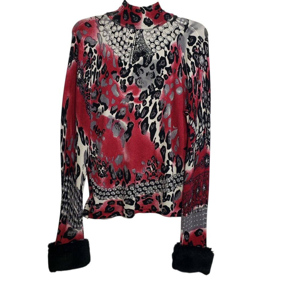 Gorgeous Boston Proper Women's Turtleneck Large Top with Faux Fur Wrists & Decor